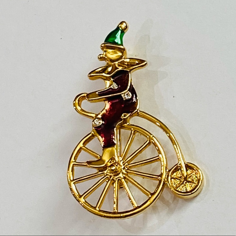 Covann Clown Bicycle Rider Rhinestone Enamel Brooch Pin - Picture 2 of 6